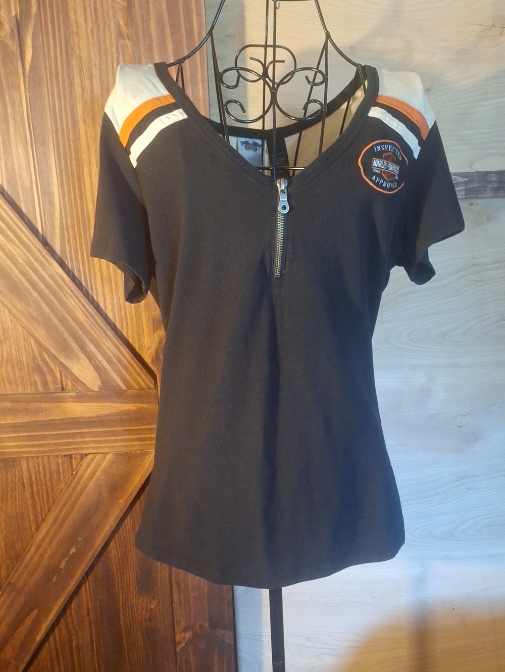 Harley Davidson Black Zip-Front Top with Orange & White Accents